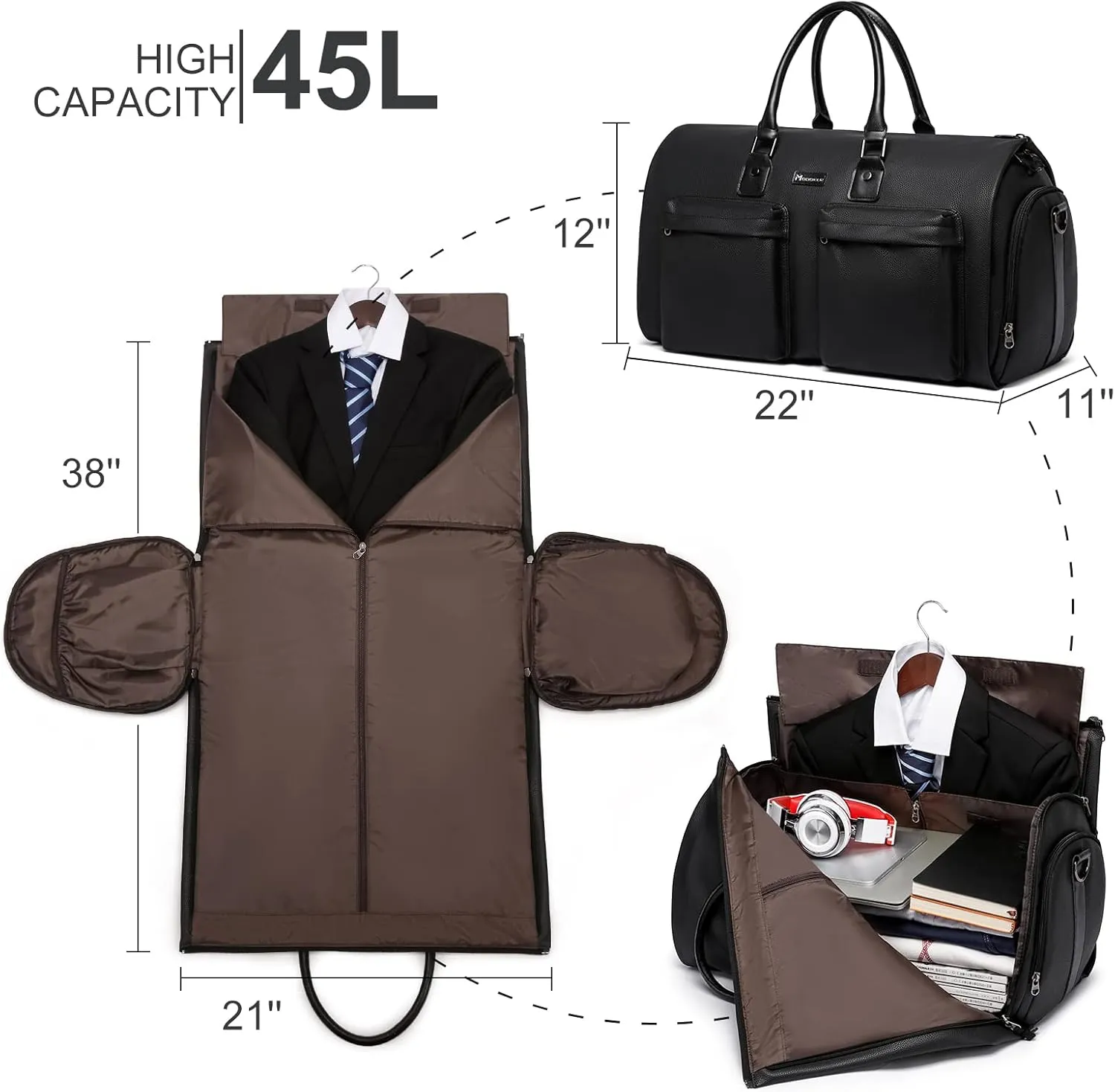 Modoker Garment Bags for Travel Carry on Duffle Bags for Airplane Weekender Suit Bags for Men Travel,2 in 1 Travel Duffel ang Garment Bags for Hanging Clothes,Black