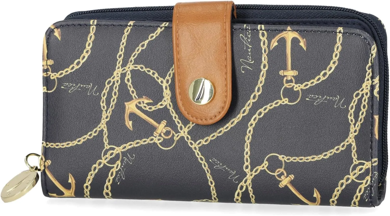 Nautica Be Shore Zip Around Wallet for Women RFID Vegan Leather Clutch, Bifold Organizer with Phone Holder, Card Slots, Anchor Aweigh
