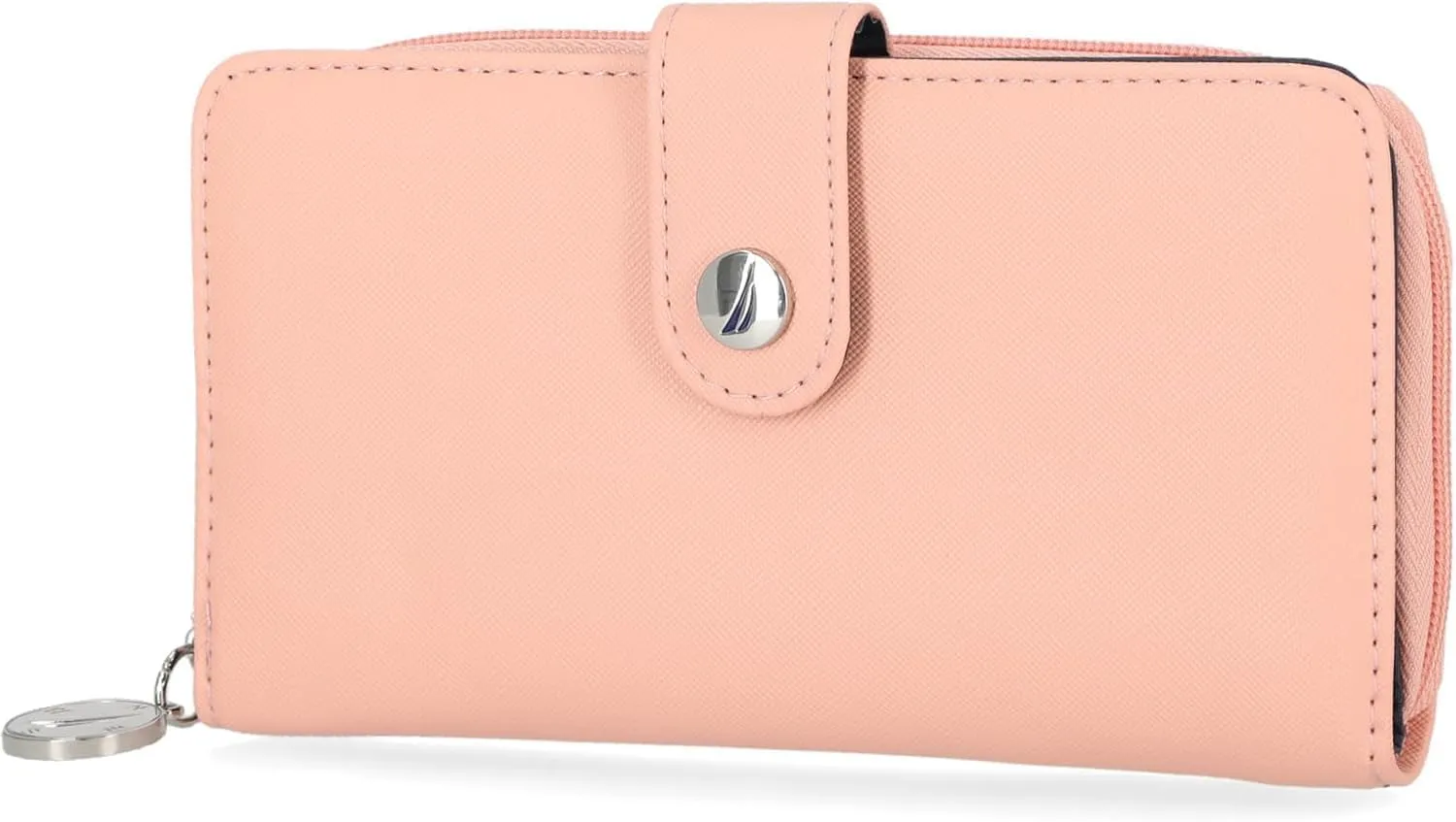 Nautica Be Shore Zip Around Wallet for Women RFID Vegan Leather Clutch, Bifold Organizer with Phone Holder, Card Slots, and Checkbook Pocket, Aloha Pink