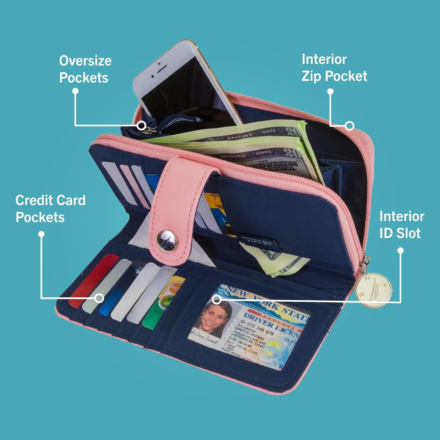 Nautica Be Shore Zip Around Wallet for Women RFID Vegan Leather Clutch, Bifold Organizer with Phone Holder, Card Slots, and Checkbook Pocket, Aloha Pink