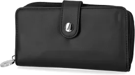 Nautica Be Shore Zip Around Wallet for Women RFID Vegan Leather Clutch, Bifold Organizer with Phone Holder, Card Slots, and Checkbook Pocket, Black Buff