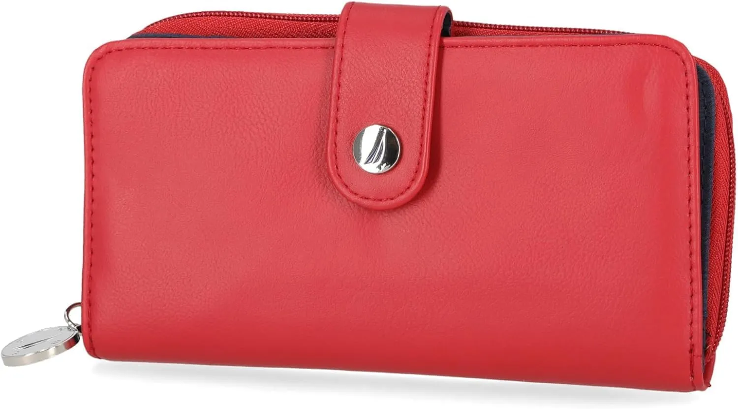 Nautica Be Shore Zip Around Wallet for Women RFID Vegan Leather Clutch, Bifold Organizer with Phone Holder, Card Slots, and Checkbook Pocket, Fuego Red