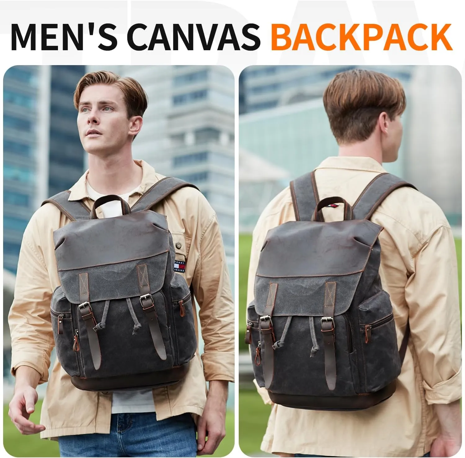 Nerlion Leather Backpack for Men Waxed Canvas Laptop Backpack 17.3 Inch Rucksack Vintage Travel Backpack (Black)