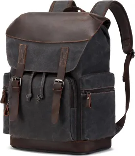 Nerlion Leather Backpack for Men Waxed Canvas Laptop Backpack 17.3 Inch Rucksack Vintage Travel Backpack (Black)