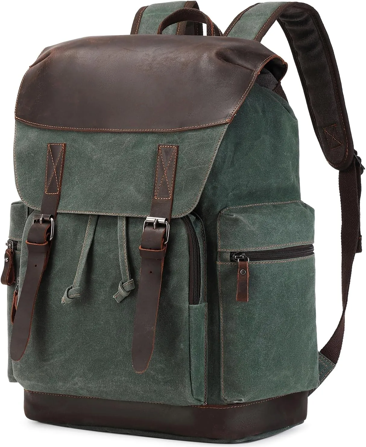 Nerlion Leather Backpack for Men Waxed Canvas Laptop Backpack 17.3 Inch Rucksack Vintage Travel Backpack (Green)