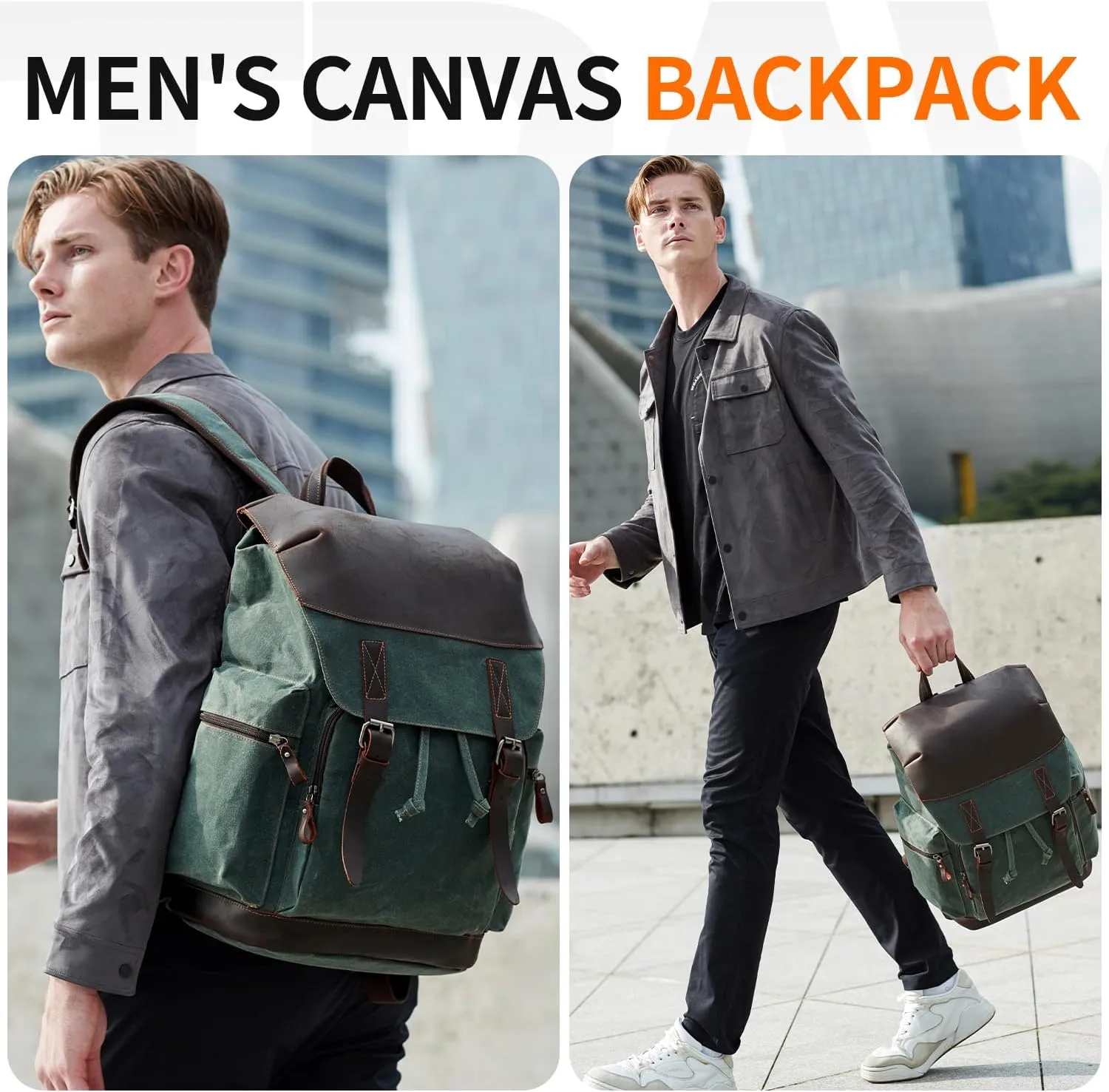 Nerlion Leather Backpack for Men Waxed Canvas Laptop Backpack 17.3 Inch Rucksack Vintage Travel Backpack (Green)