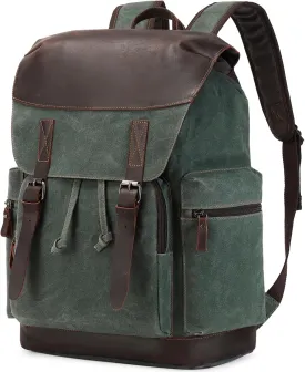 Nerlion Leather Backpack for Men Waxed Canvas Laptop Backpack 17.3 Inch Rucksack Vintage Travel Backpack (Green)