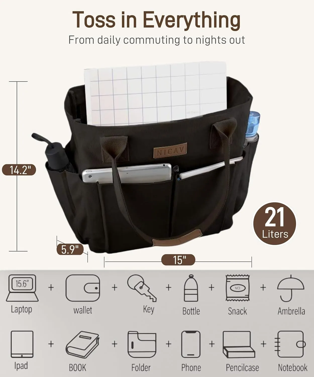 Nicav Canvas Tote Bags for Women, Large Utility Tote Bags with Pockets Zip Top for Teacher Nurse Work