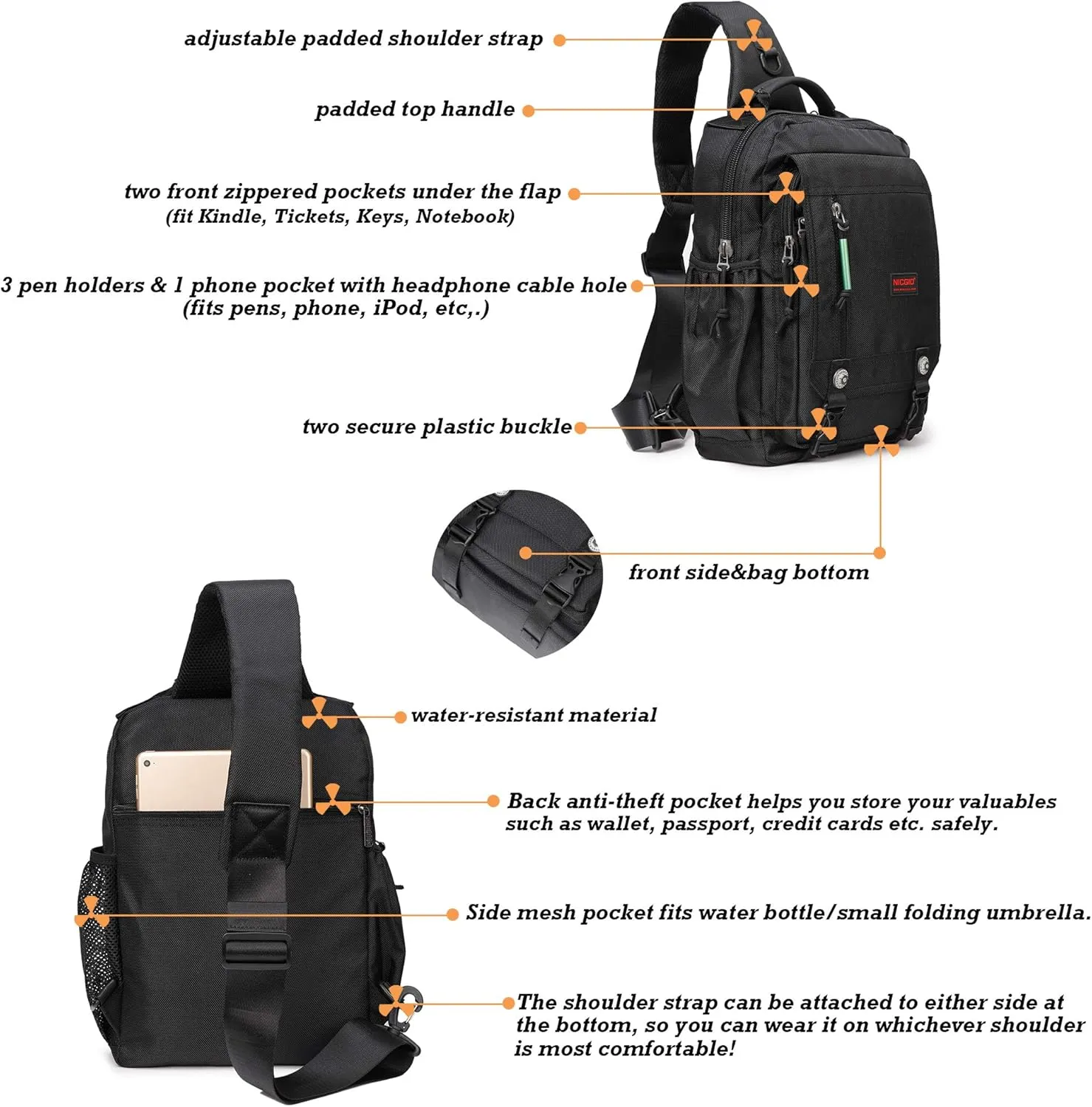 NICGID Sling Bags Chest Shoulder Backpacks, 13.3'' 14.1'' 15.6''Laptop Backpack Crossbody Messenger Bag Travel Outdoor