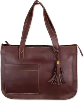 NOVICA Artisan Handmade Leather Tote Bag Dark Brown Shoulder Handbags Solid Indonesia ' City Lines'