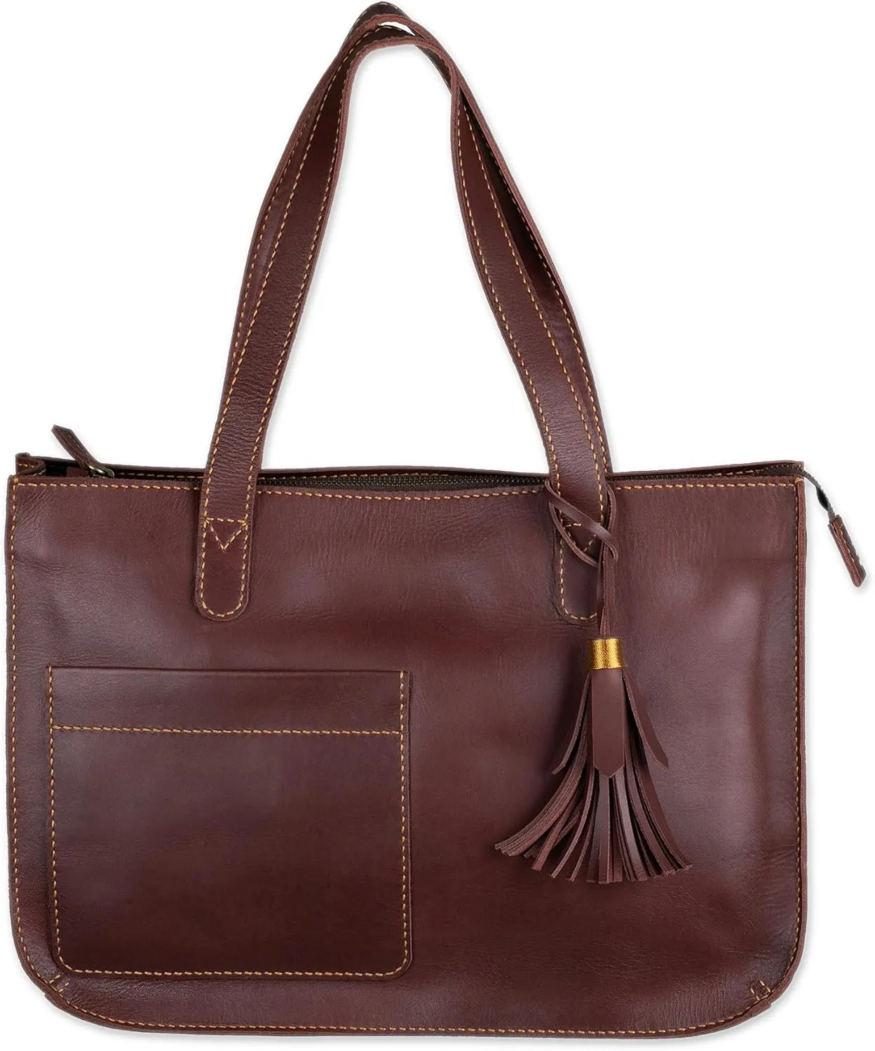 NOVICA Artisan Handmade Leather Tote Bag Dark Brown Shoulder Handbags Solid Indonesia ' City Lines'