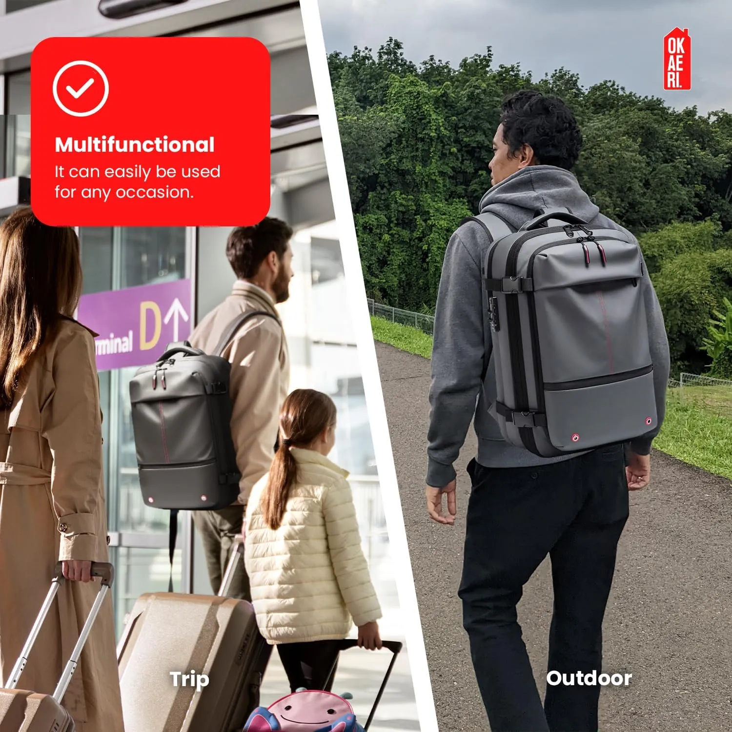 OKAERI. Extra Large Vacuum Carry on Travel Backpack Expandable System 60L Luggage Waterproof Airback Personal Item Flight Approved Compression bags Daypack Laptop Casual Women Men   Gift