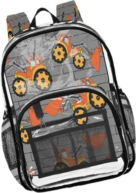 Orange Tractor with Bucket Kids Clear Backpack for School Transparent Bookbag PVC Backpacks See Through Bag for Boys Girls