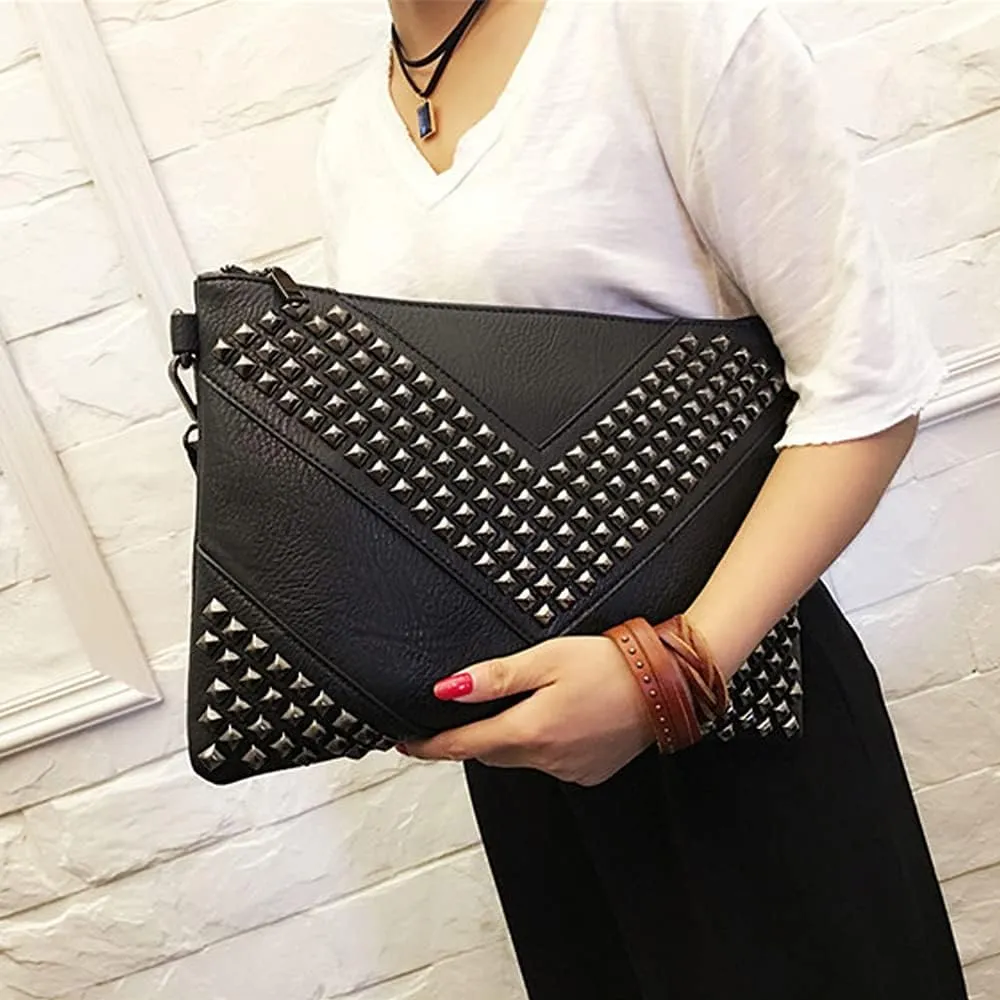 Oversized Clutch Bag Purse Women PU Leather Crossbody Shoulder Bags Studded Wristlet Handbag Rivet Envelope Clutches