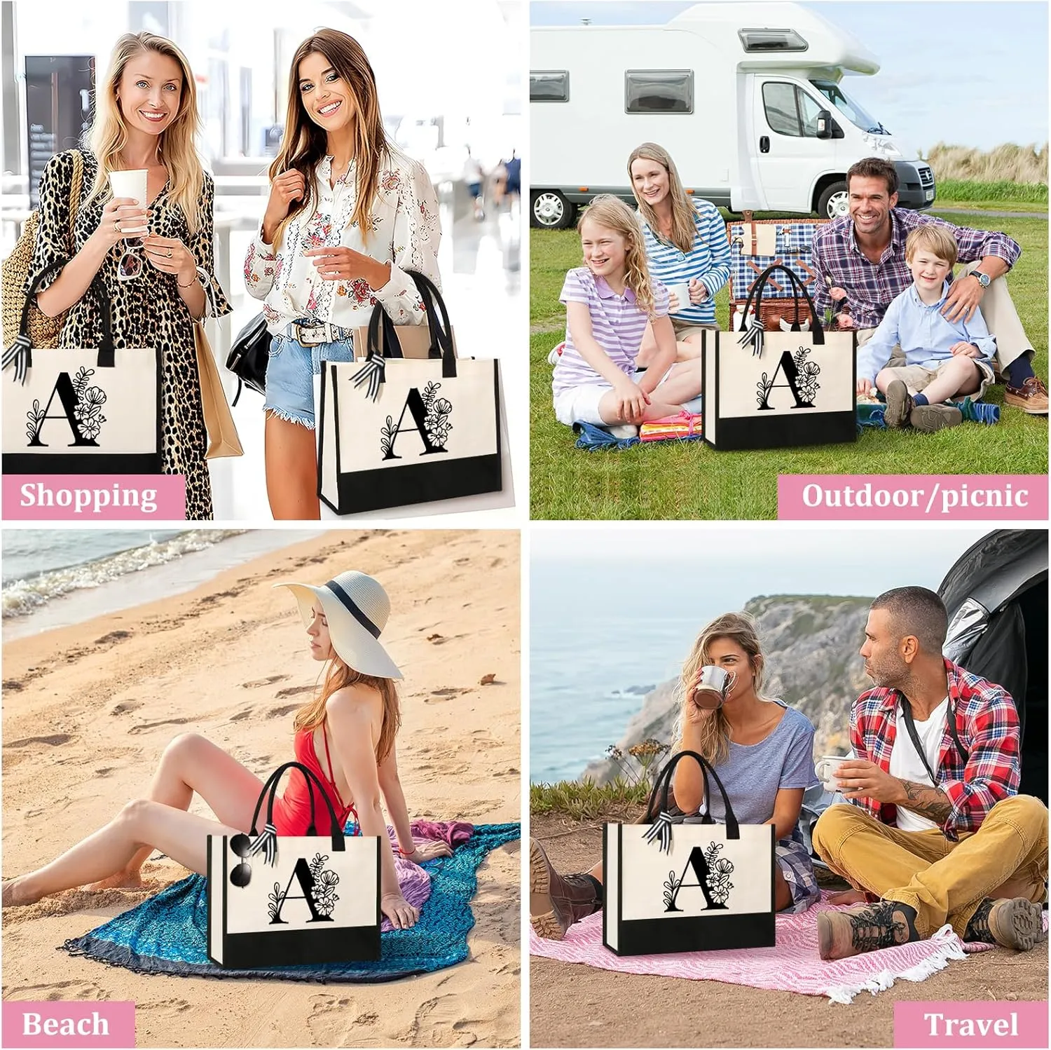 Personalized Initial Canvas Tote Bag, Suitable for Birthday, Wedding, Beach, Holiday, Gifts for Women, Mom, Teachers, Nurses, Best Friends, Bridesmaids (A)