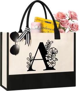 Personalized Initial Canvas Tote Bag, Suitable for Birthday, Wedding, Beach, Holiday, Gifts for Women, Mom, Teachers, Nurses, Best Friends, Bridesmaids (A)