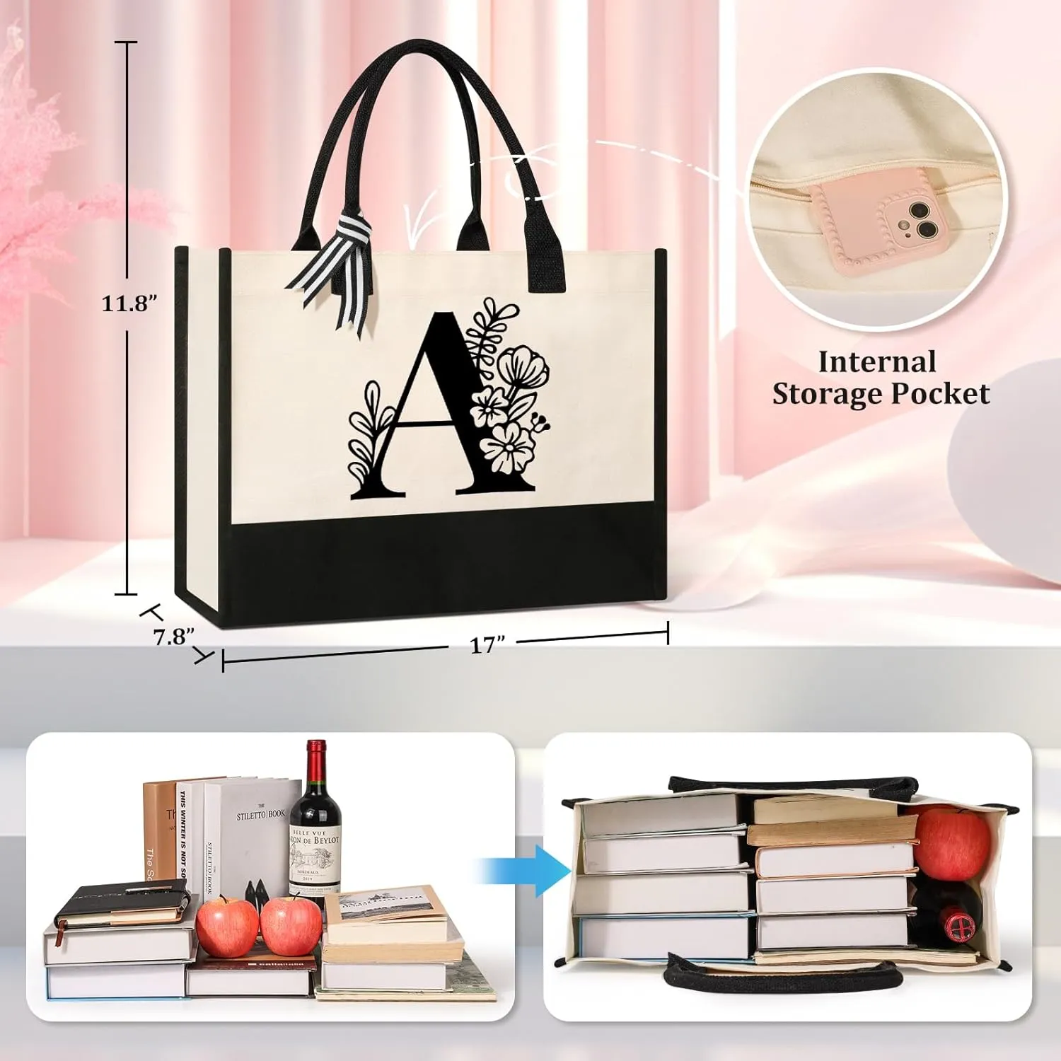 Personalized Initial Canvas Tote Bag, Suitable for Birthday, Wedding, Beach, Holiday, Gifts for Women, Mom, Teachers, Nurses, Best Friends, Bridesmaids (A)