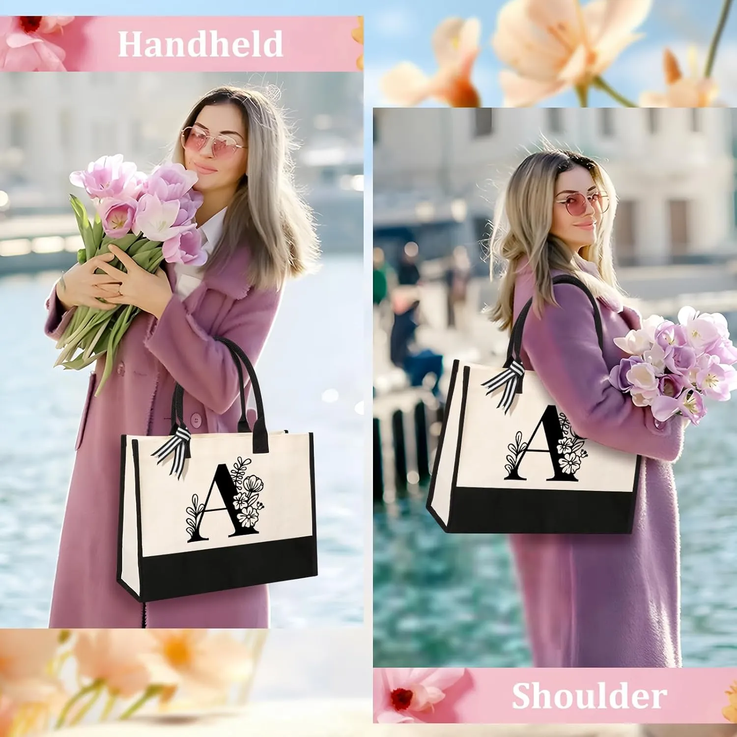 Personalized Initial Canvas Tote Bag, Suitable for Birthday, Wedding, Beach, Holiday, Gifts for Women, Mom, Teachers, Nurses, Best Friends, Bridesmaids (A)