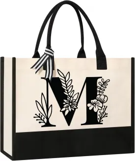 Personalized Initial Canvas Tote Bag, Suitable for Birthday, Wedding, Beach, Holiday, Gifts for Women, Mom, Teachers, Nurses, Best Friends, Bridesmaids (M)