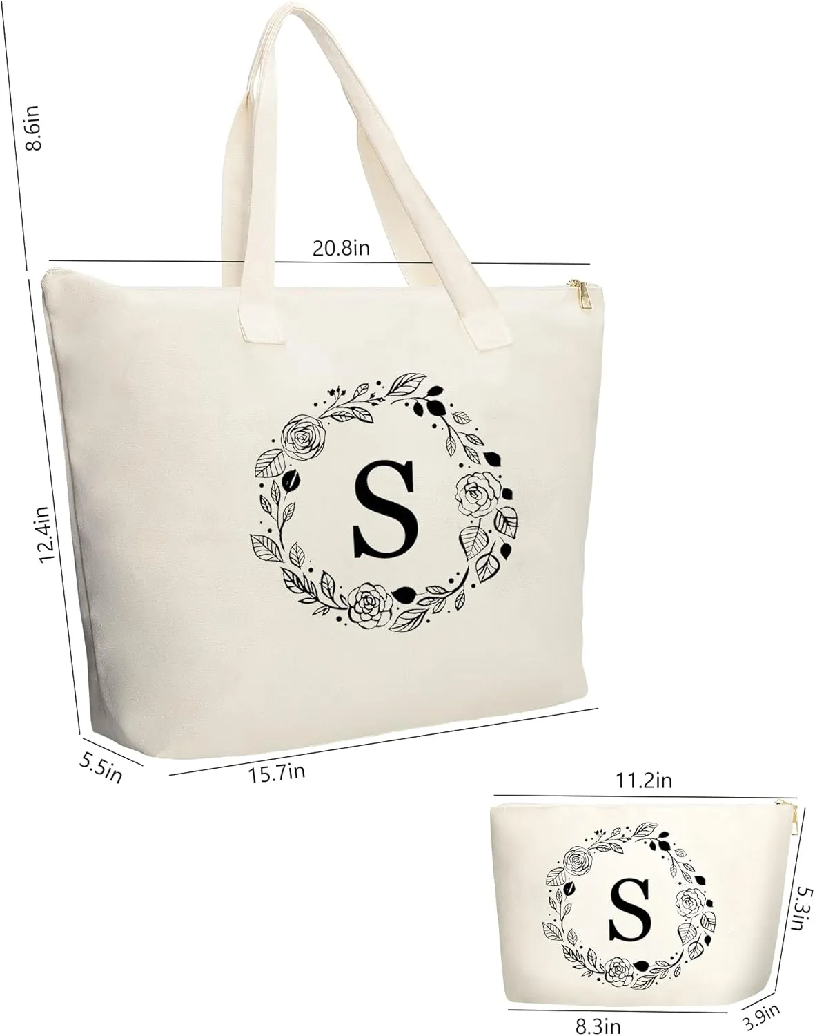 Personalized Initial Canvas Tote Bag with Zipper, Present Bag with Inner Pocket & Make Up Bag, Great Gifts for Women, Mom, Teachers, Friends, Bridesmaids