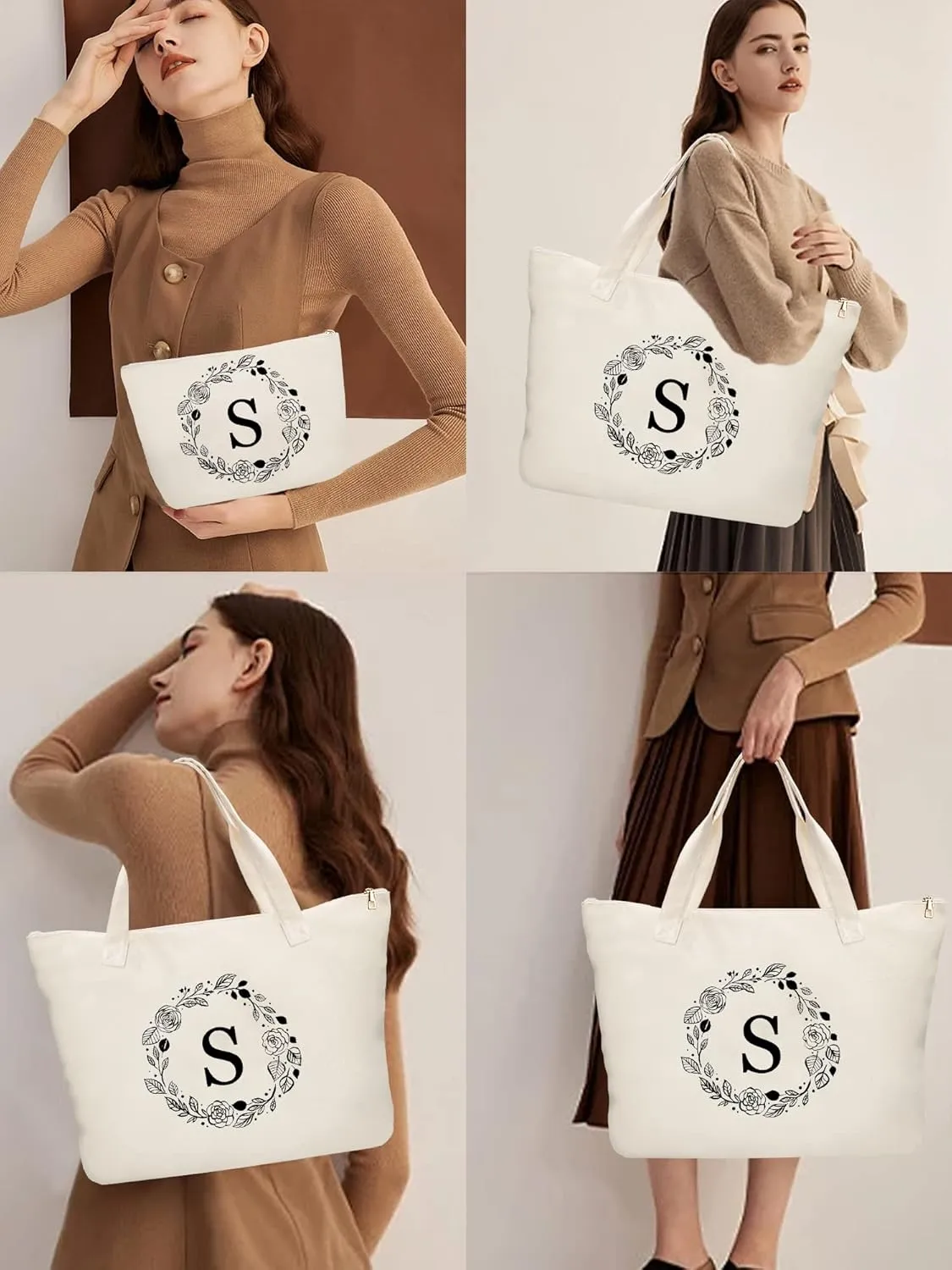 Personalized Initial Canvas Tote Bag with Zipper, Present Bag with Inner Pocket & Make Up Bag, Great Gifts for Women, Mom, Teachers, Friends, Bridesmaids