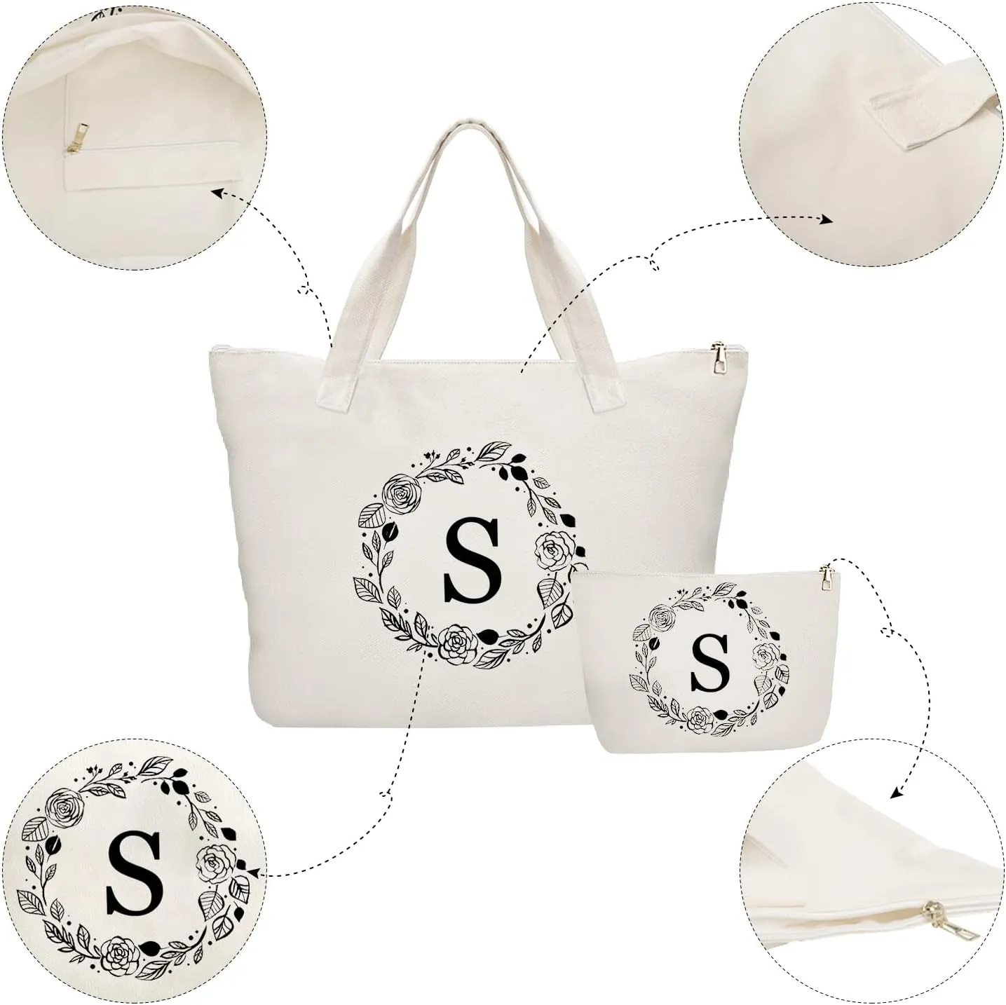 Personalized Initial Canvas Tote Bag with Zipper, Present Bag with Inner Pocket & Make Up Bag, Great Gifts for Women, Mom, Teachers, Friends, Bridesmaids