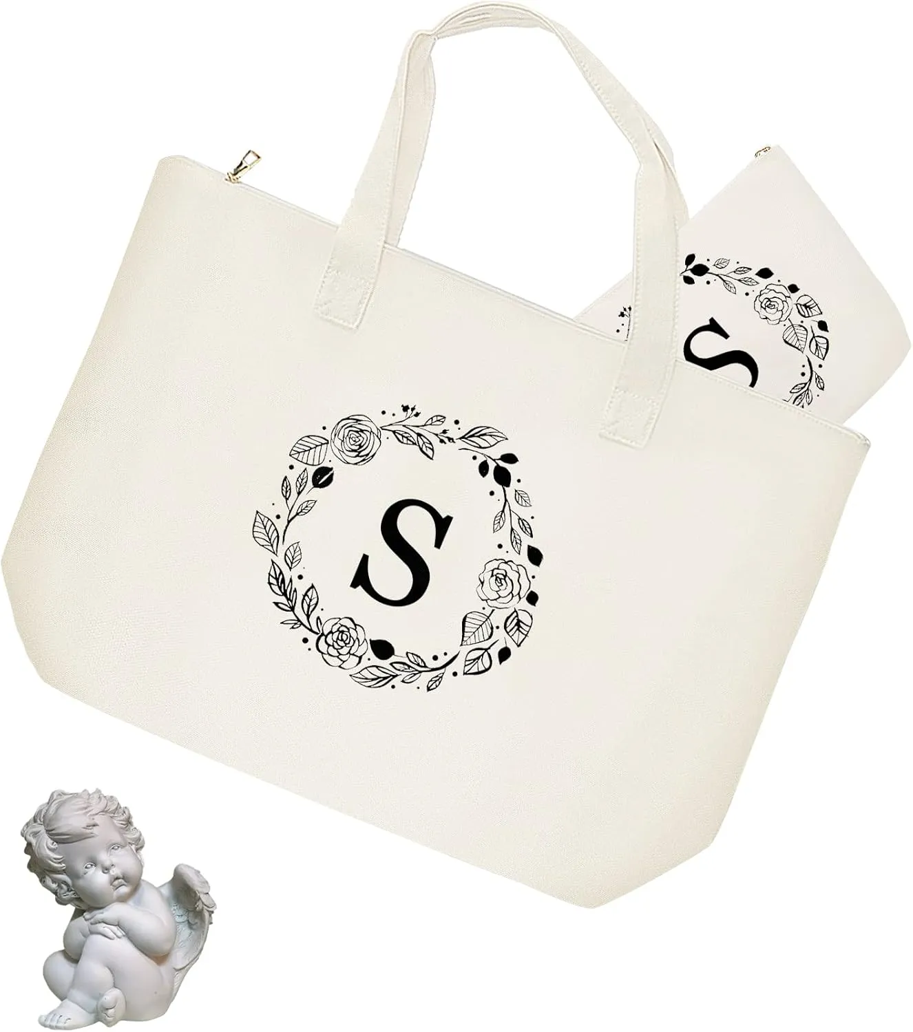Personalized Initial Canvas Tote Bag with Zipper, Present Bag with Inner Pocket & Make Up Bag, Great Gifts for Women, Mom, Teachers, Friends, Bridesmaids