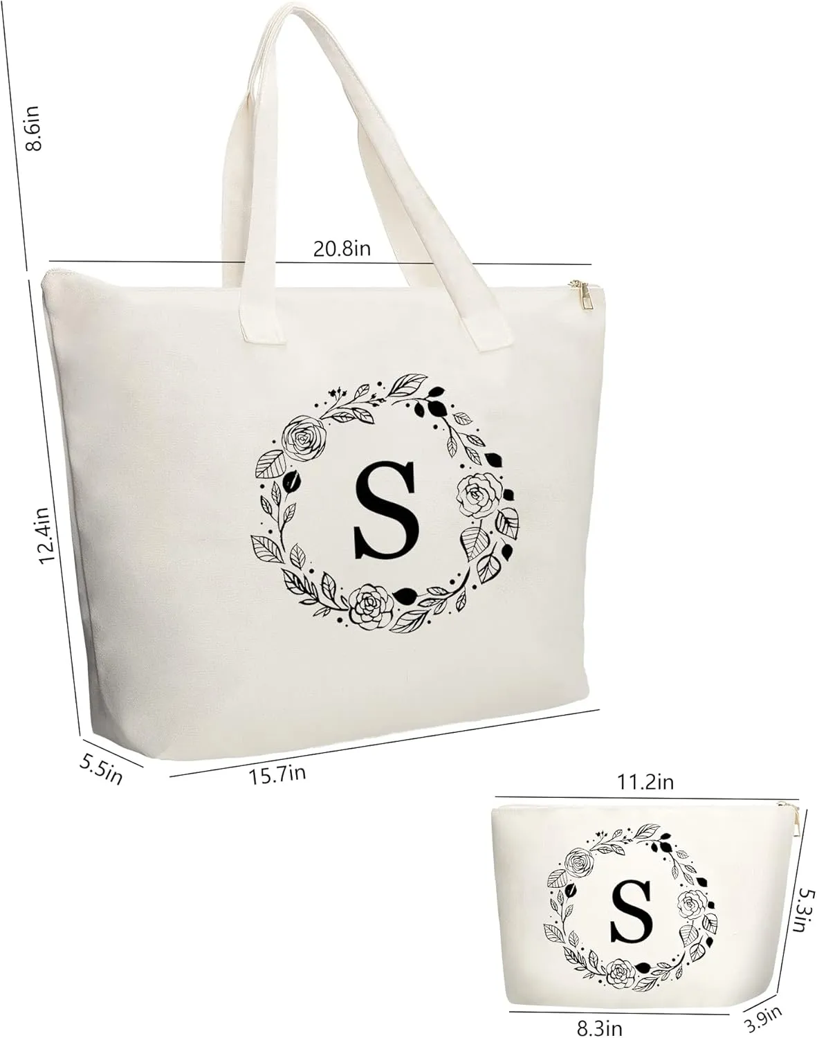 Personalized Initial Canvas Tote Bag with Zipper, Present Bag with Inner Pocket & Make Up Bag, Great Gifts for Women, Mom, Teachers, Friends, Bridesmaids