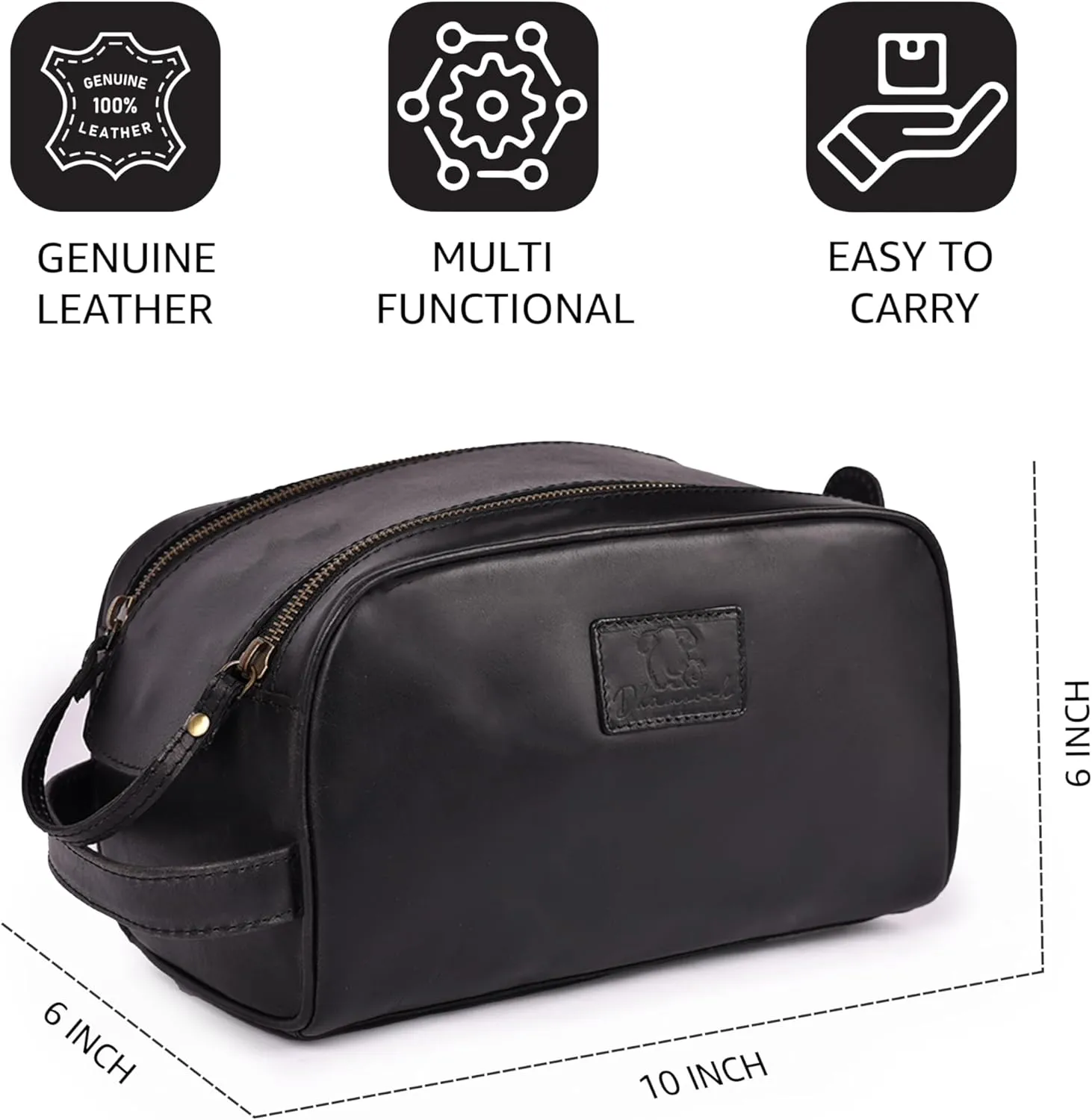 Premium Leather King Size Toiletry Travel Pouch  Handcrafted Dopp Kit Bag with Waterproof Lining, Spacious Design for Travel Essentials, Elegant Black Finish