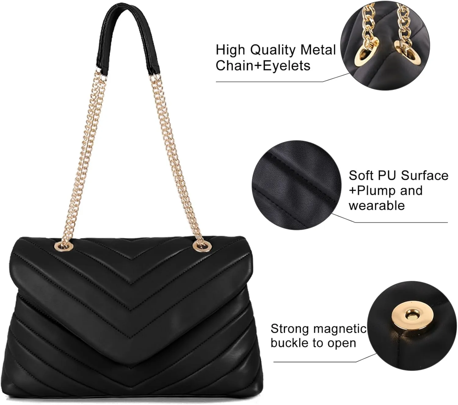 Quilted Crossbody Bag for Women, Soft Vegan Chevron Purses, Trendy Shoulder Handbags with Flap