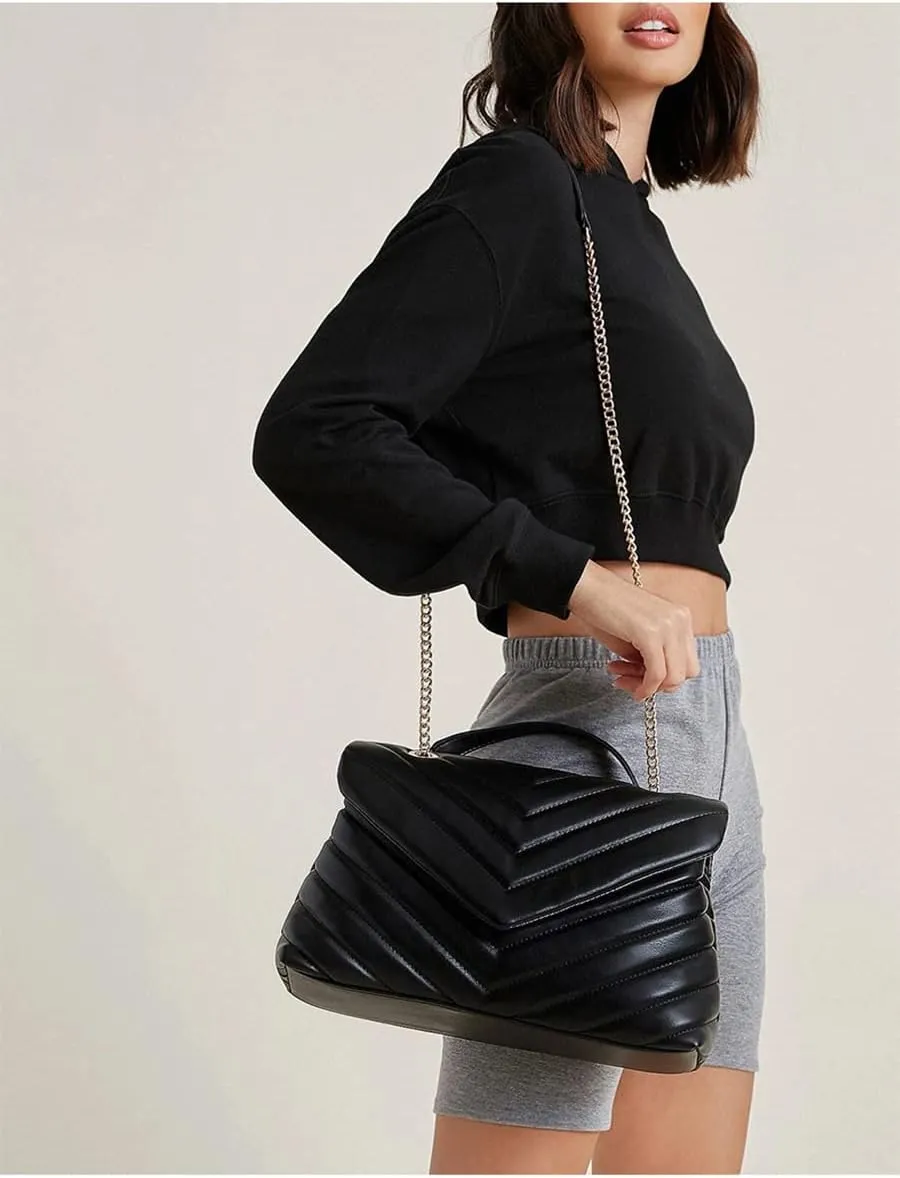 Quilted Crossbody Bag for Women, Soft Vegan Chevron Purses, Trendy Shoulder Handbags with Flap