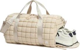 Quilted Duffel Bag for Women, Puffer Gym Duffle Bag with Shoe Compartment Lightweight Large Crossbody Sport Bag Travel Tote Beige