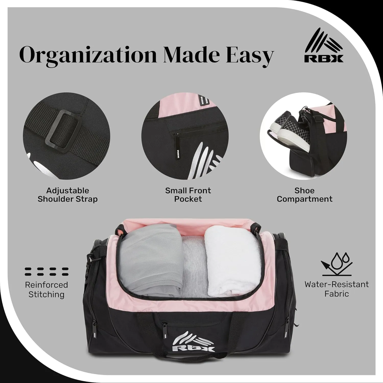 RBX Gym Bags for Men, Small Gym Bag for Women with Shoe Compartment, Duffle Bag for Travel, Sports Bag, Camping, Weekend, Carry On, Overnight Duffel Bag for Women with Shoulder Strap