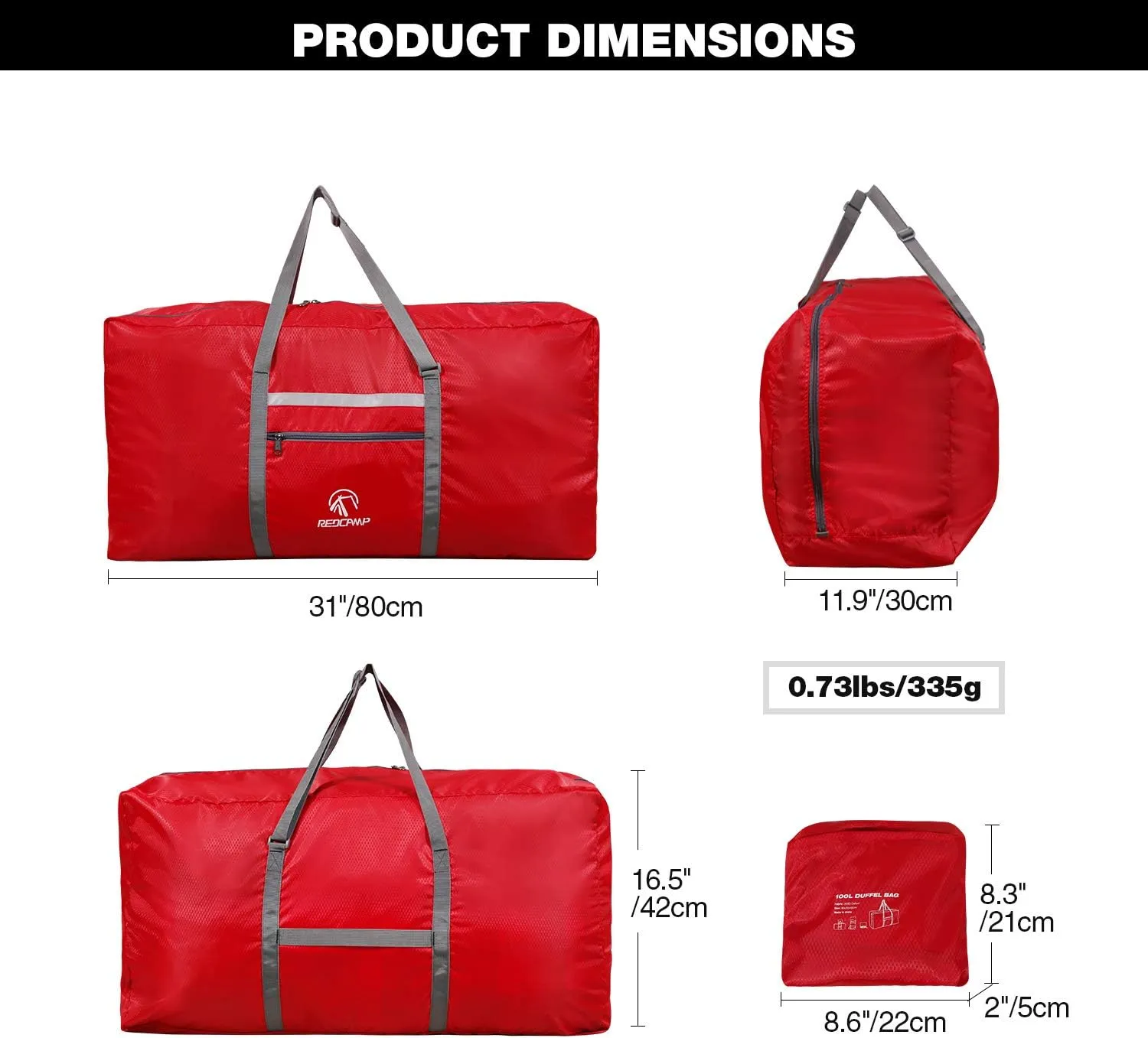 REDCAMP 100L Foldable Extra Large Duffle Bag 31 Inch, Lightweight Travel Duffel Bag with Adjustable Strap for Men Women, Black/Dark Blue/Red
