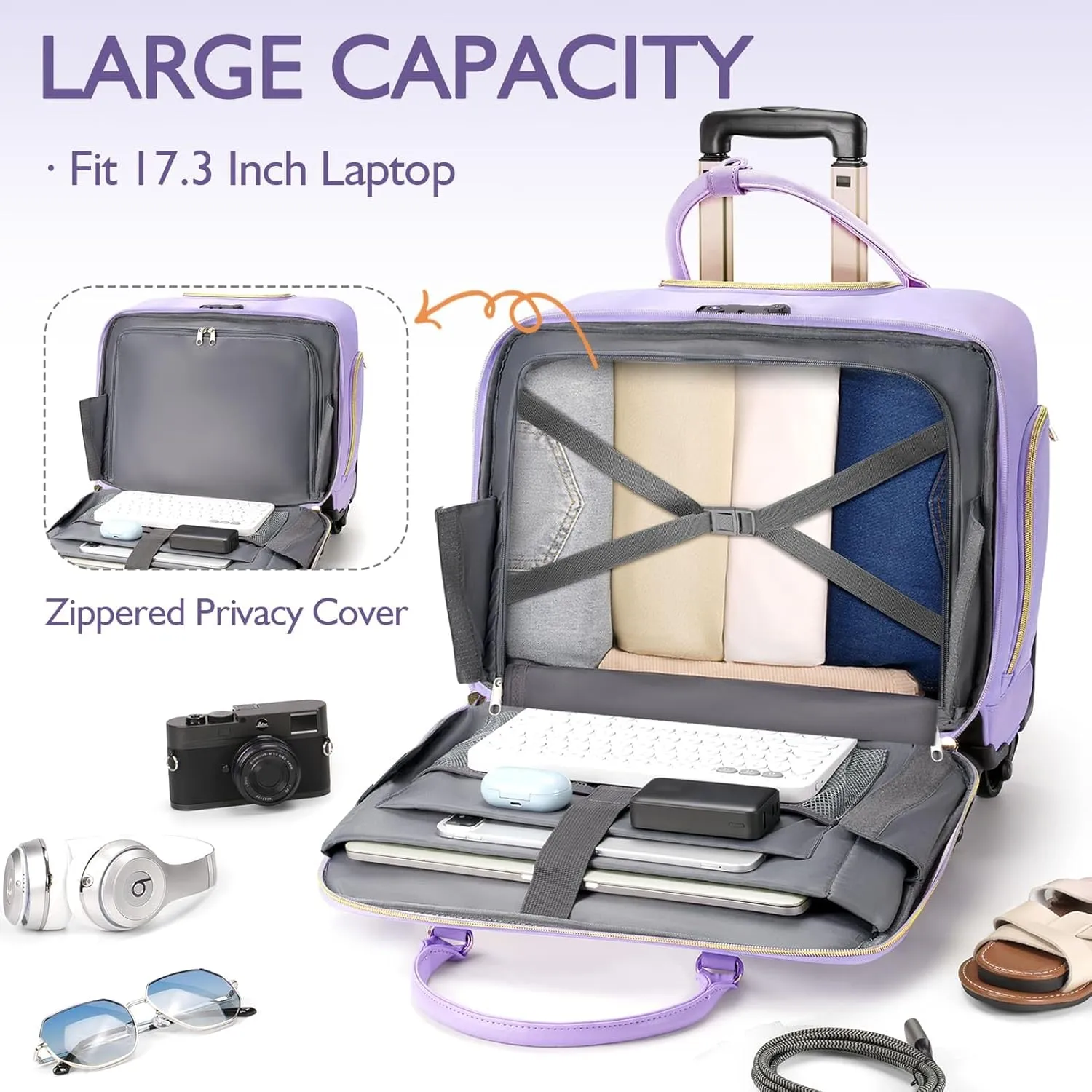 Rolling Briefcase for Women, 17.3 Inch Laptop Bag with 4 Spinner Wheels and Telescopic Extendable Handle, Teacher Bag with Wheels, Roller Computer Bag for Work, TSA Friendly Design, Purple