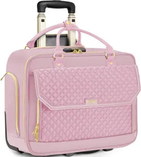 Rolling Laptop Bag for Women, 17.3 Inch Rolling Briefcase with Telescopic Extendable Handle, Work Bags with Wheels, Roller Computer Bag for Teacher, Pink