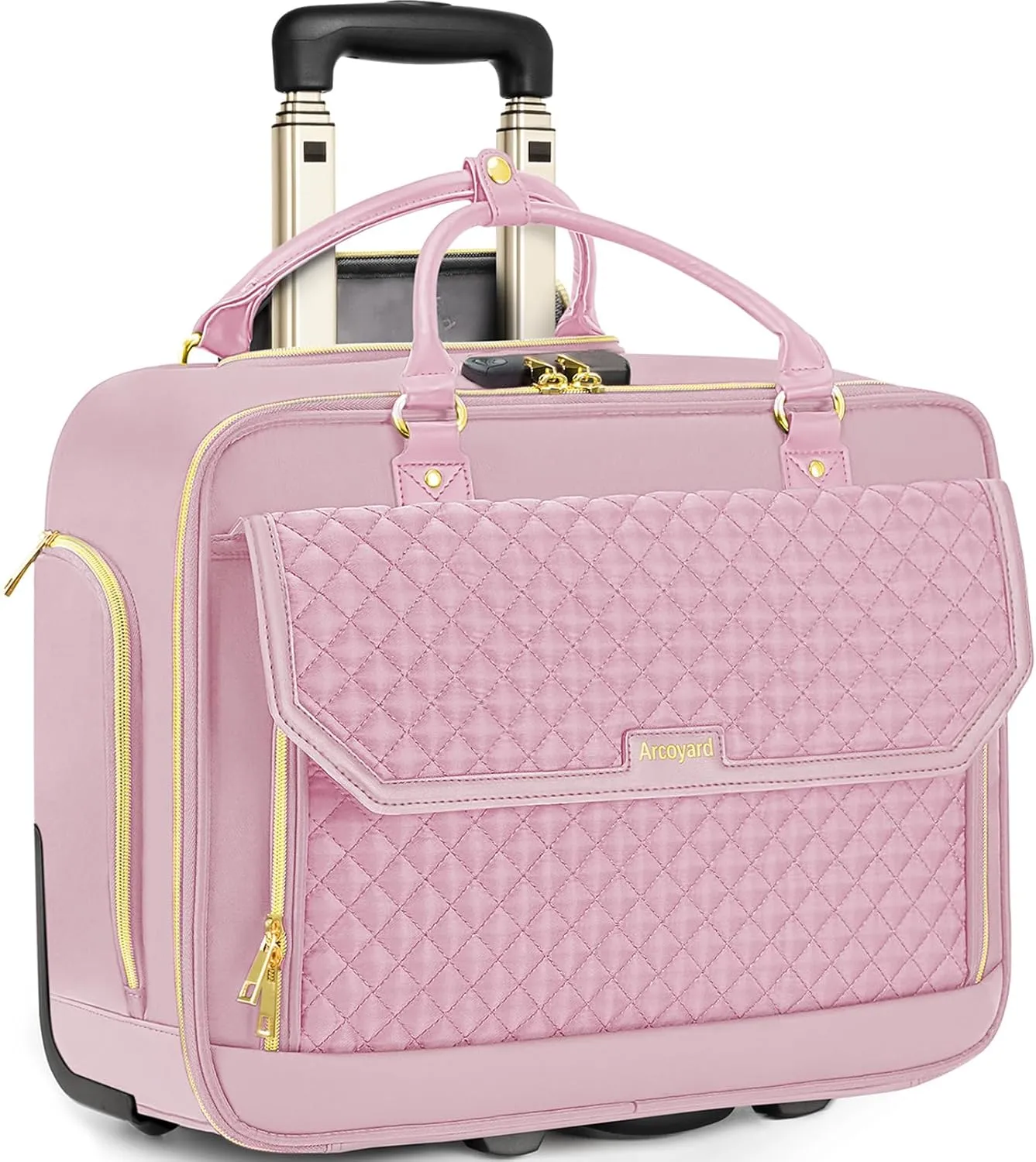 Rolling Laptop Bag for Women, 17.3 Inch Rolling Briefcase with Telescopic Extendable Handle, Work Bags with Wheels, Roller Computer Bag for Teacher, Pink