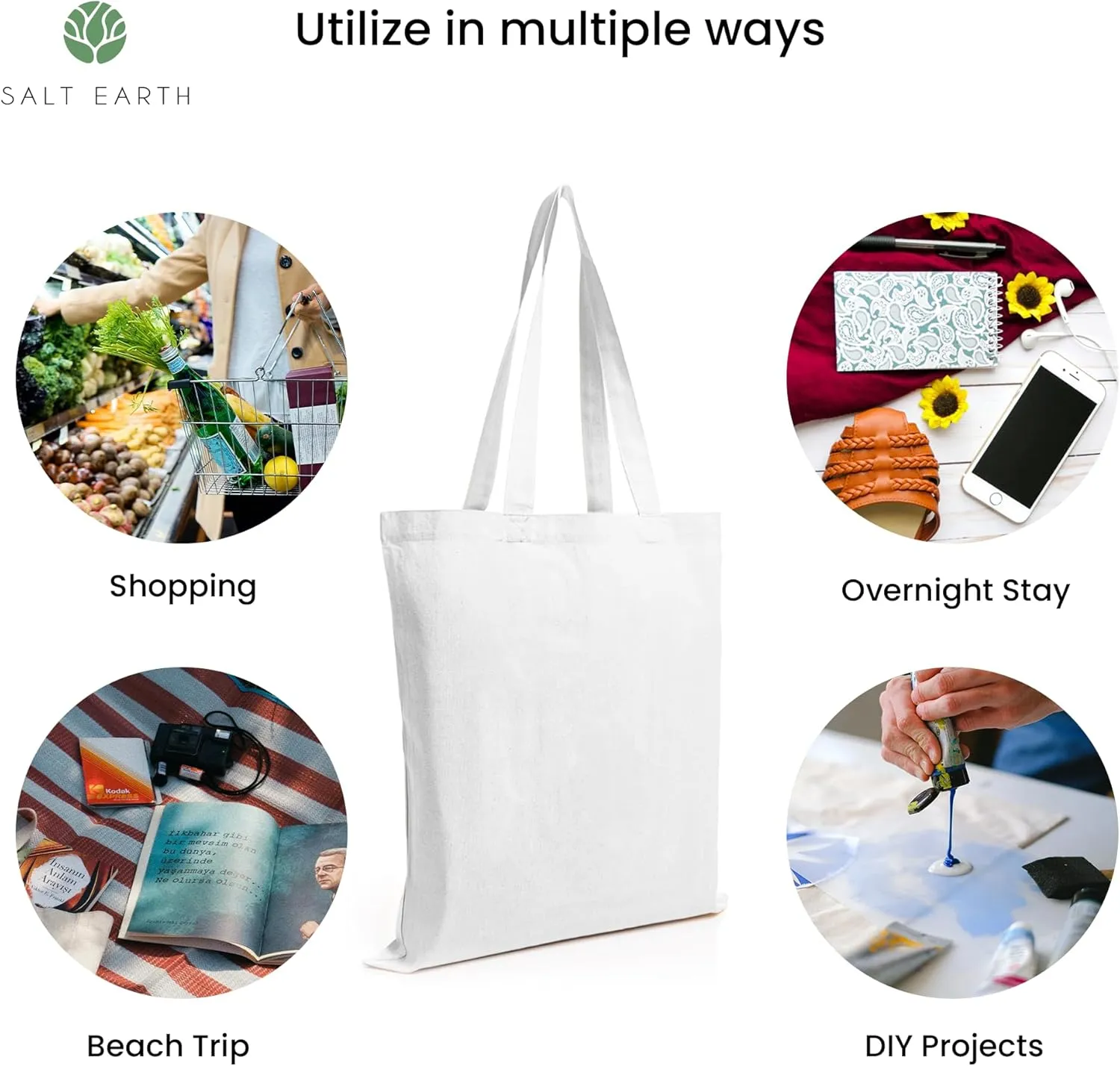 Salt Earth Pack of 5 | 6 | 12 | 24 | 48  100% Cotton Reusable Tote Bags  Bulk Grocery, Shopping, DIY, Beach & Gift Use