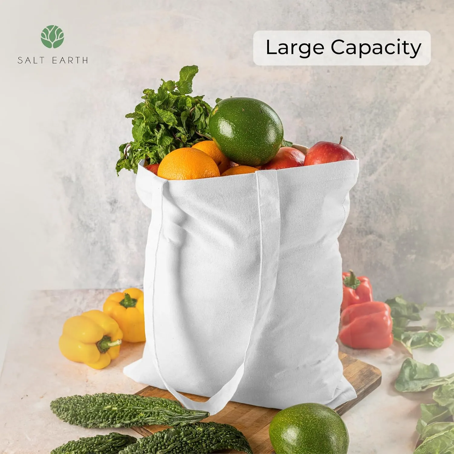Salt Earth Pack of 5 | 6 | 12 | 24 | 48  100% Cotton Reusable Tote Bags  Bulk Grocery, Shopping, DIY, Beach & Gift Use