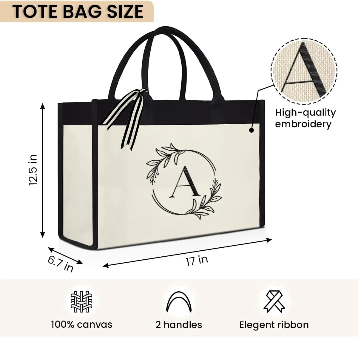 SANDJEST Monogrammed Canvas Tote Bag Embroidered Initial Beach Totes Bags Gifts for Women Friend Coworker Bridesmaid