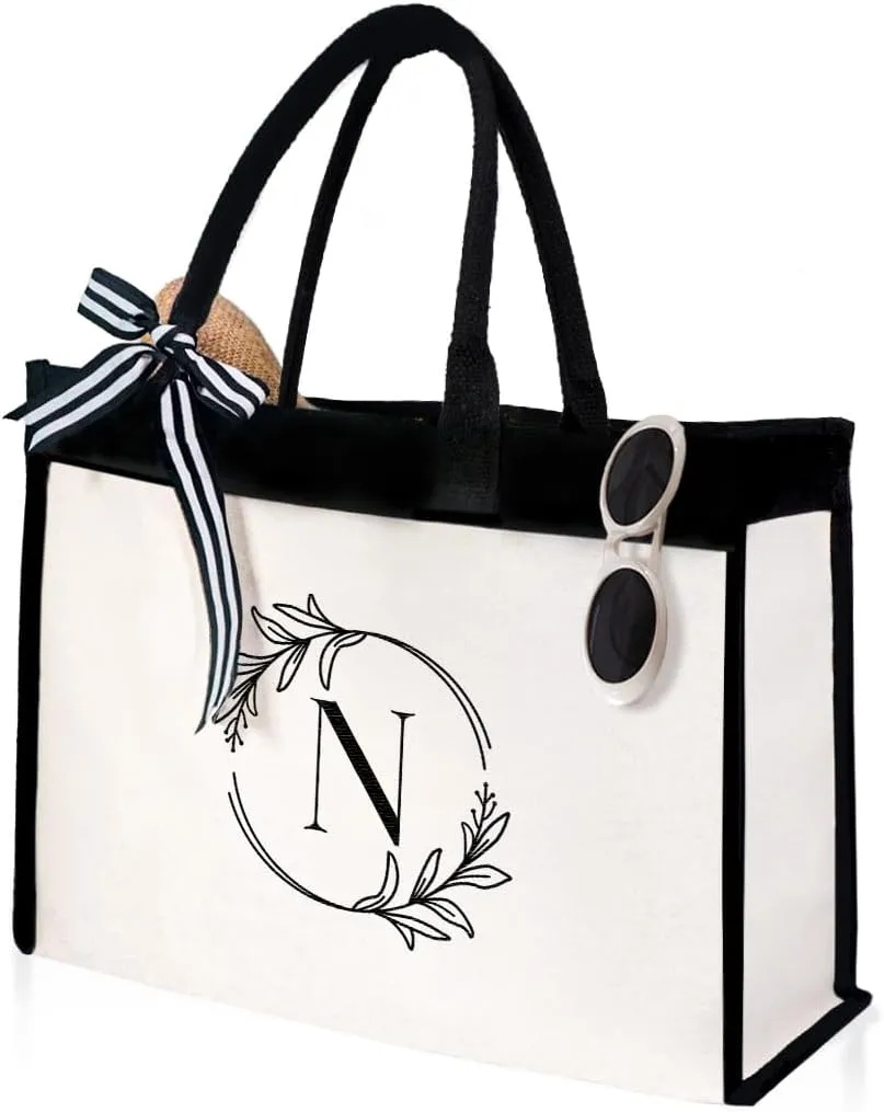 SANDJEST Monogrammed Canvas Tote Bag Embroidered Initial Beach Totes Bags Gifts for Women Friend Coworker Bridesmaid