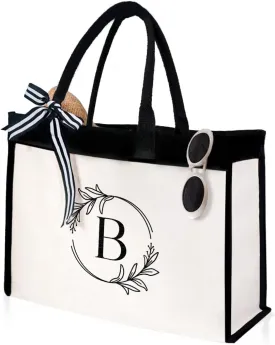 SANDJEST Monogrammed Canvas Tote Bag Embroidered Initial Beach Totes Bags Gifts for Women Friend Coworker Bridesmaid