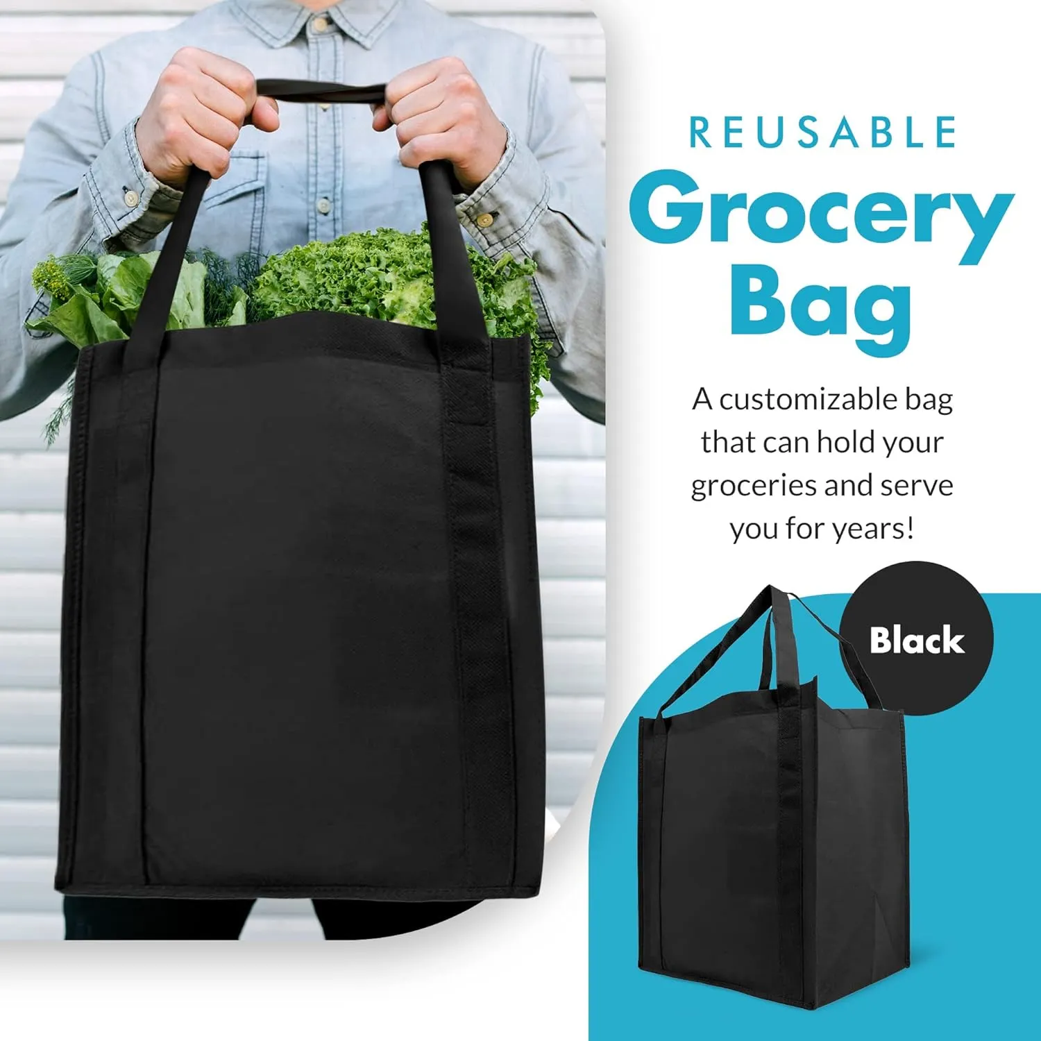 Simply Green Solutions - Reusable Grocery Bags, Wide Tote Bags with 20-Inch Reinforced Handle, Shopping Bags for Groceries, Reusable Gift Bags with Handles, 13 x 15 x 10, Pack of 10, Black