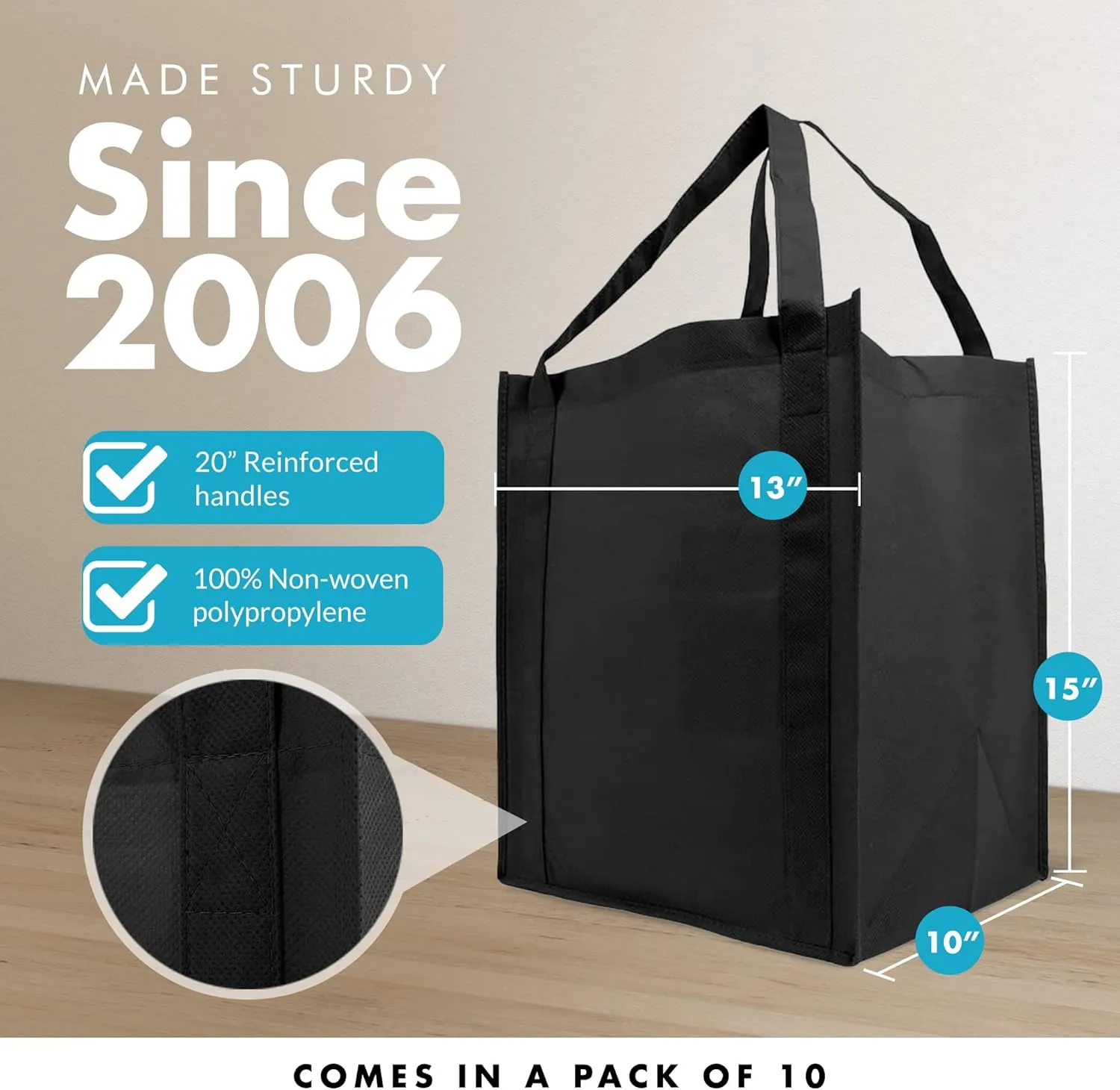 Simply Green Solutions - Reusable Grocery Bags, Wide Tote Bags with 20-Inch Reinforced Handle, Shopping Bags for Groceries, Reusable Gift Bags with Handles, 13 x 15 x 10, Pack of 10, Black