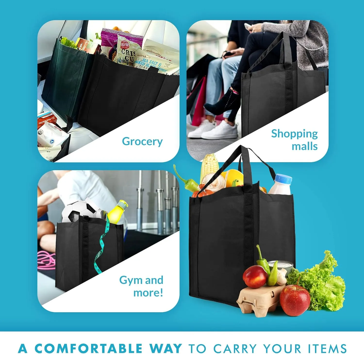 Simply Green Solutions - Reusable Grocery Bags, Wide Tote Bags with 20-Inch Reinforced Handle, Shopping Bags for Groceries, Reusable Gift Bags with Handles, 13 x 15 x 10, Pack of 10, Black
