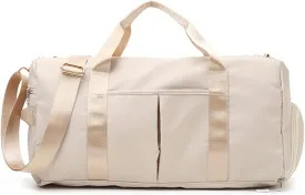Small Gym Bag for Women and Men, Workout Bag for Sports and Weekend Getaway, Waterproof Dufflebag with Shoe and Wet Clothes Compartments (Beige)