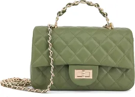 Small Quilted Crossbody Bags for Women, Soft Leather Shoulder Bag with Gold Chain Strap, Metal Top Handle Flap Evening Purse