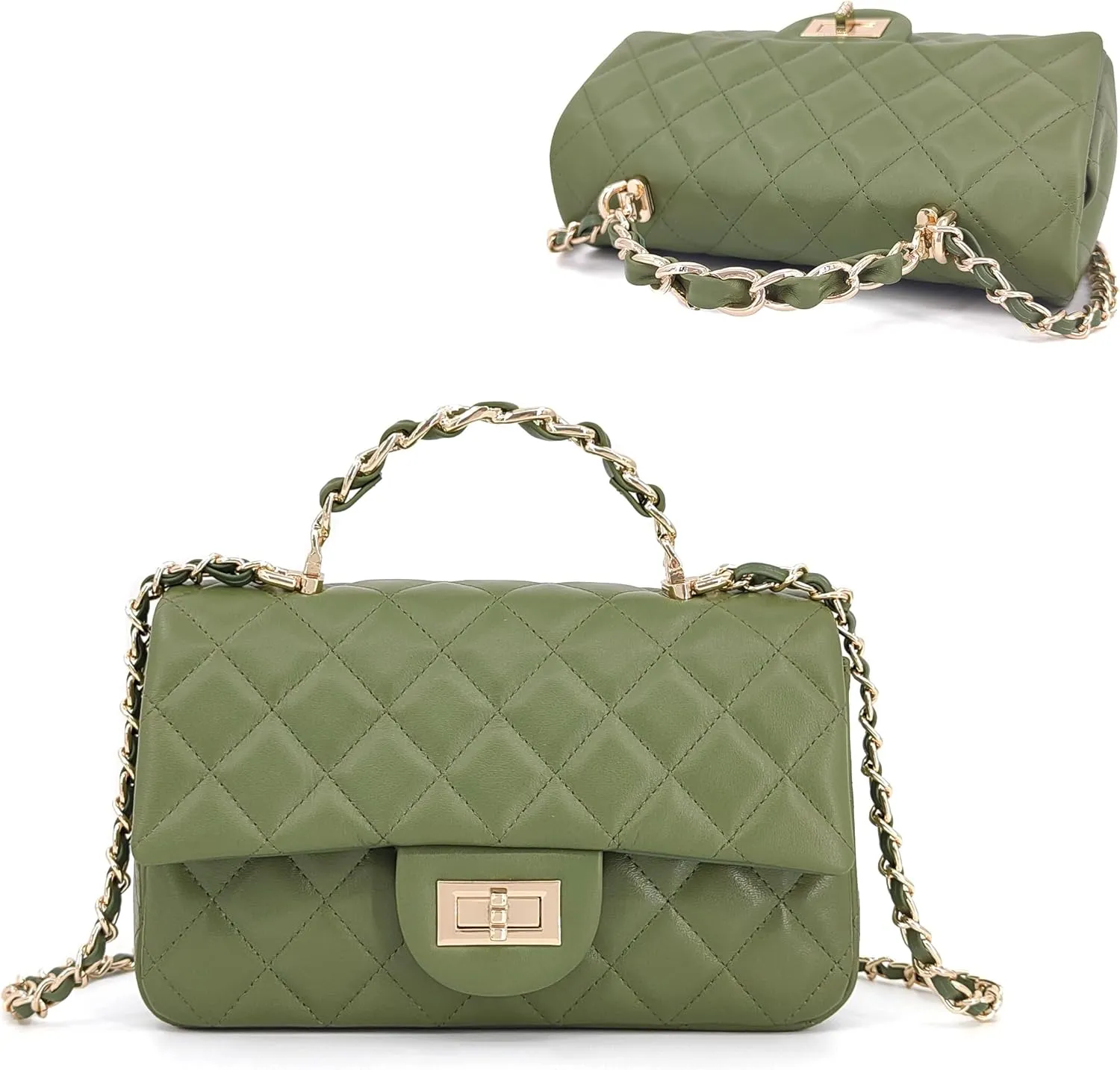 Small Quilted Crossbody Bags for Women, Soft Leather Shoulder Bag with Gold Chain Strap, Metal Top Handle Flap Evening Purse