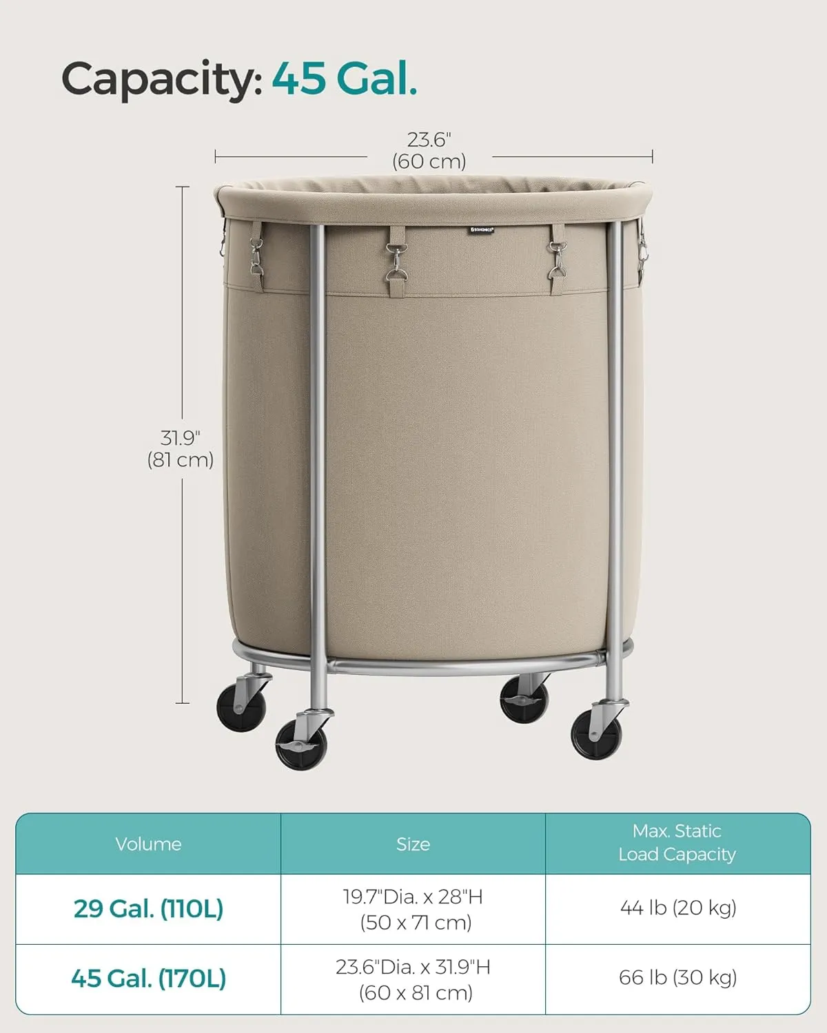 SONGMICS Laundry Basket with Wheels, Rolling Laundry Hamper, 45 Gal., Round Laundry Cart with Steel Frame and Removable Bag, 4 Casters and 2 Brakes, Camel Brown and Metallic Silver URLS001N01