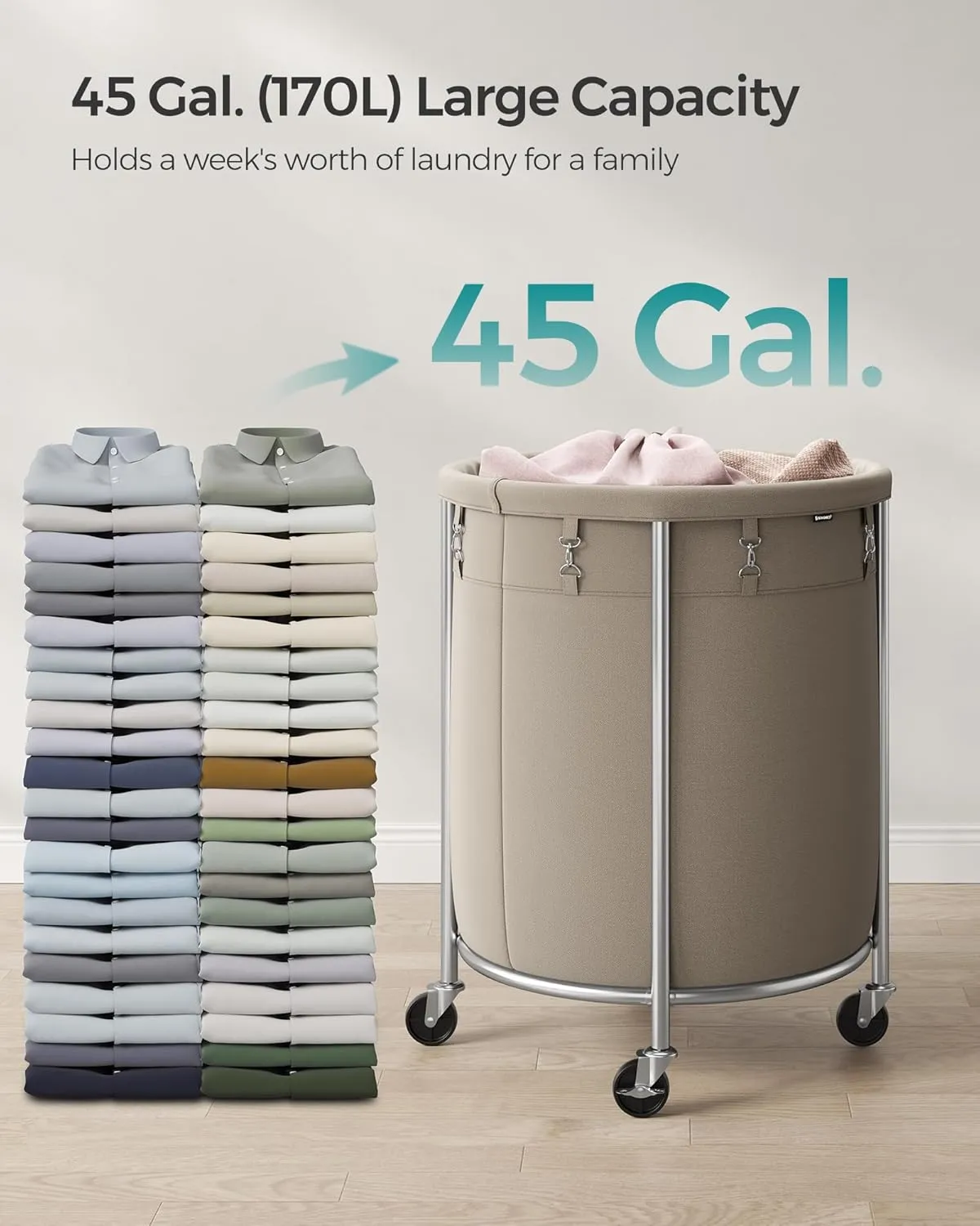 SONGMICS Laundry Basket with Wheels, Rolling Laundry Hamper, 45 Gal., Round Laundry Cart with Steel Frame and Removable Bag, 4 Casters and 2 Brakes, Camel Brown and Metallic Silver URLS001N01